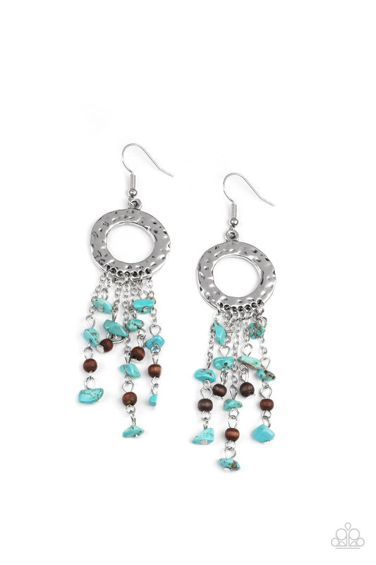 PRIMAL PRESTIGE - BLUE TURQUOISE AND WOOD TASSEL SILVER EARRINGS