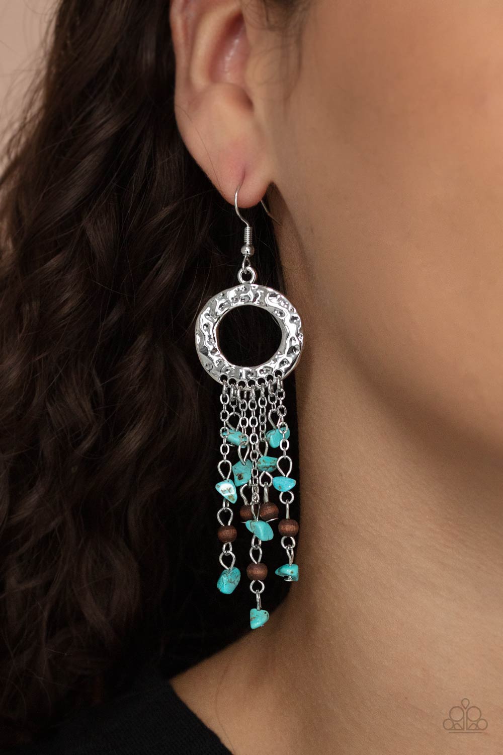 PRIMAL PRESTIGE - BLUE TURQUOISE AND WOOD TASSEL SILVER EARRINGS