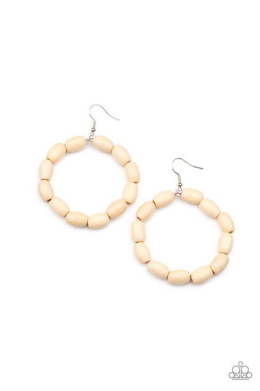 LIVING THE WOOD LIFE - WHITE WOODEN BEADS SILVER WIRE HOOP EARRINGS