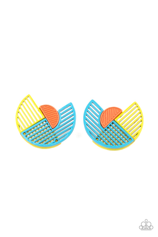 ITS JUST AN EXPRESSION - BLUE YELLOW ORANGE NEON GEOMETRIC MULTI POST EARRINGS