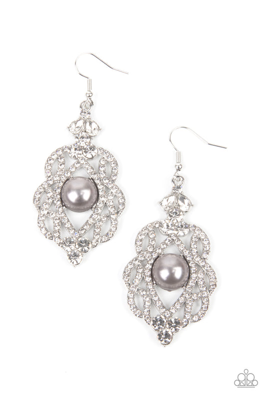 RHINESTONE RENAISSANCE - SILVER PEARL WHITE RHINESTONE CHANDELIER EARRINGS