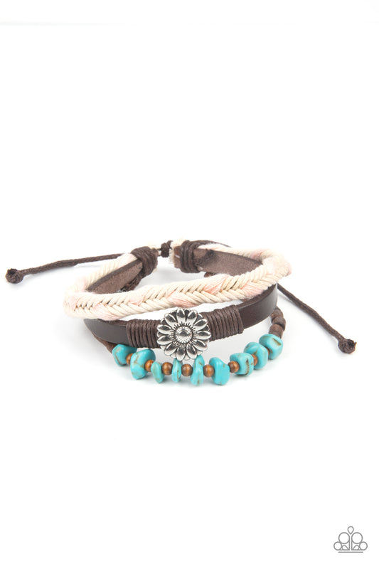 TERRAIN TREND - PINK AND TURQUOISE PULL CORD URBAN BRACELET SILVER FLOWER