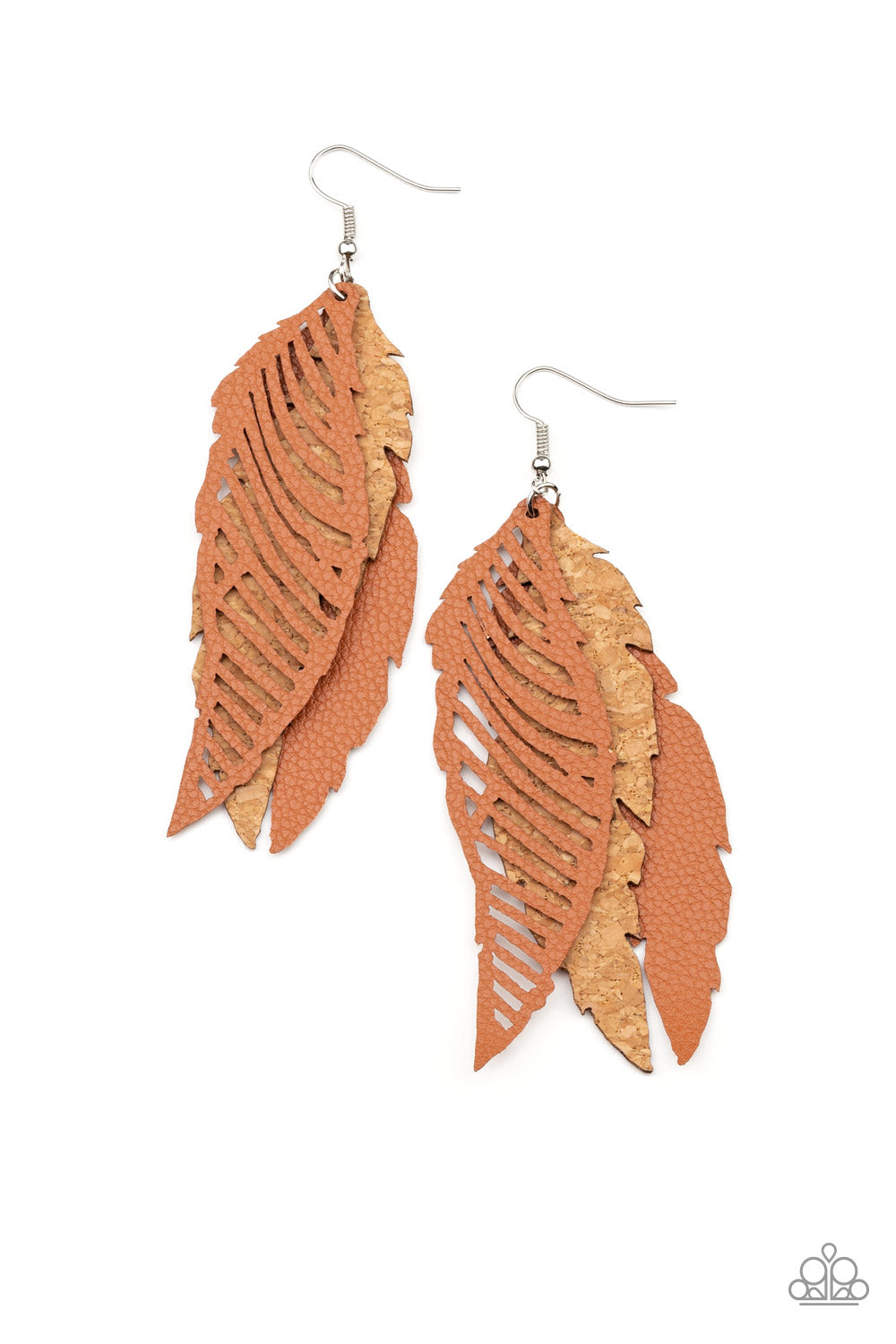 WINGING OFF THE HOOK - BROWN TAN CORK CUTOUT FEATHER EARRINGS