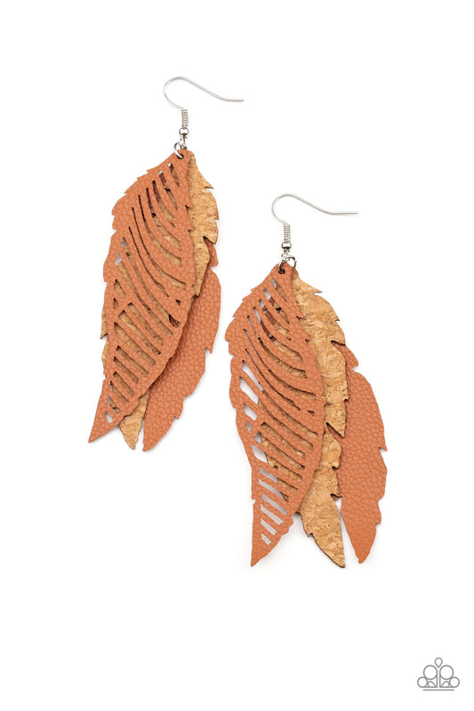 WINGING OFF THE HOOK - BROWN TAN CORK CUTOUT FEATHER EARRINGS