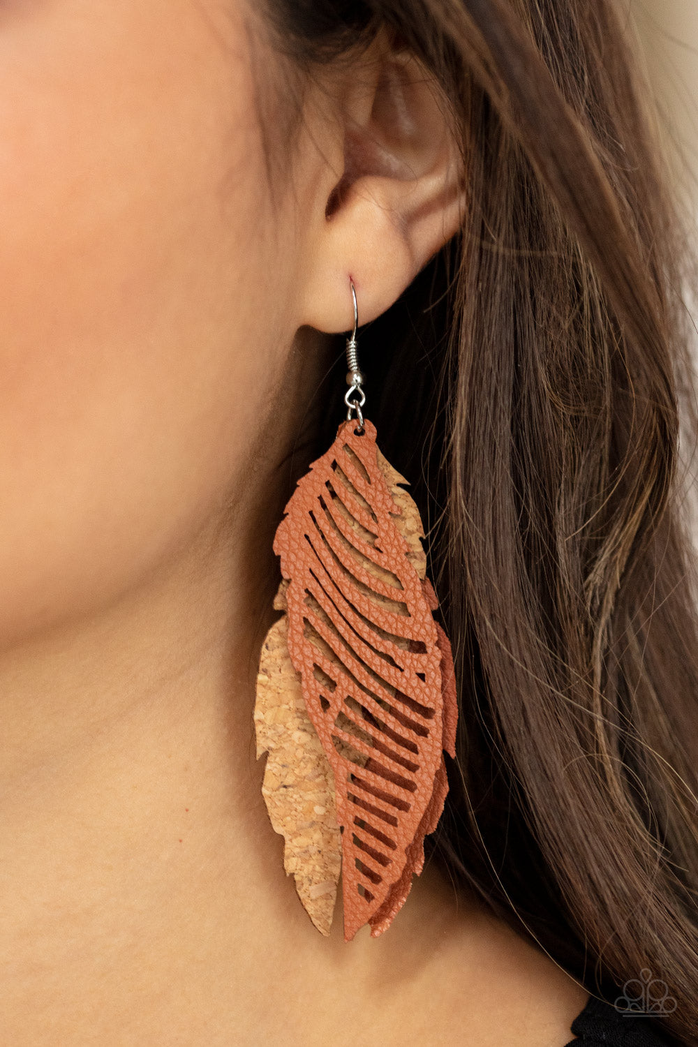 WINGING OFF THE HOOK - BROWN TAN CORK CUTOUT FEATHER EARRINGS