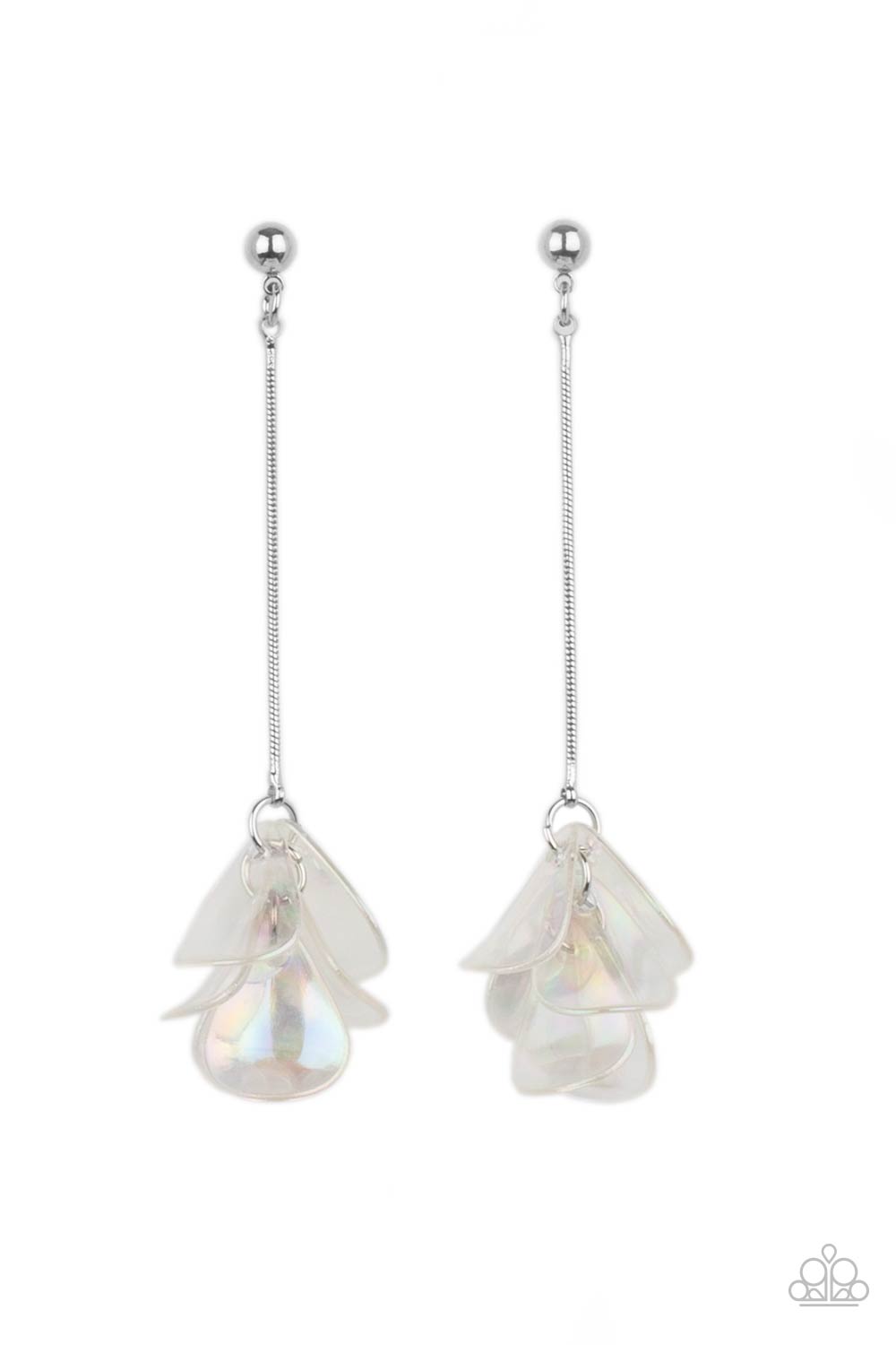 KEEP THEM IN SUSPENSE - MULTI IRIDESCENT SILVER CHAIN OIL SPILL PETALS EARRINGS