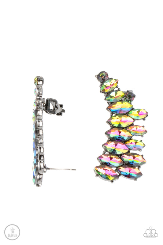 EXPLOSIVE ELEGANCE - MULTI OIL SPILL IRIDESCENT RHINESTONES EAR CRAWLER EARRINGS