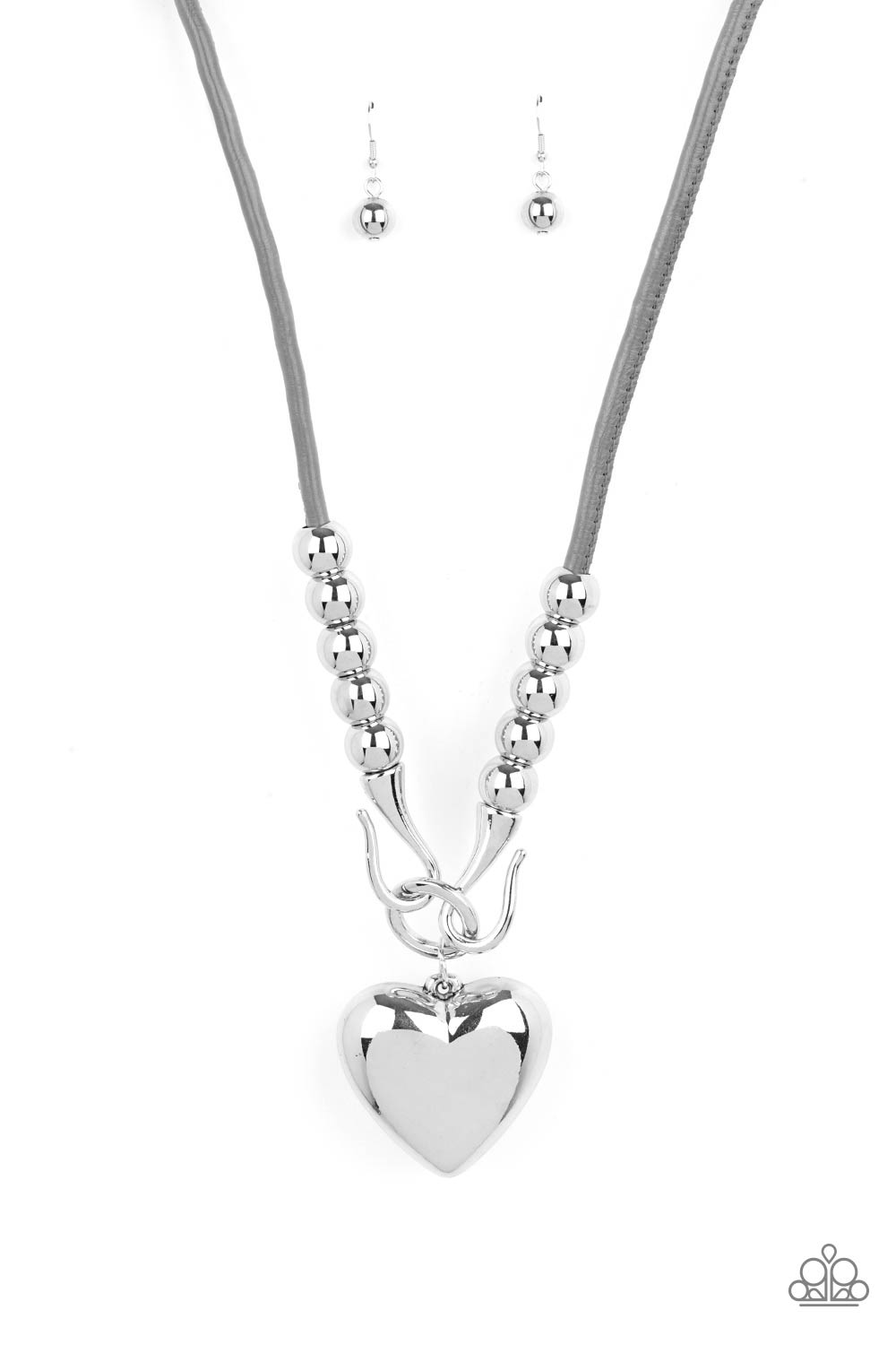 FORBIDDEN LOVE - SILVER GRAY LEATHER PUFFY HEART NECKLACE