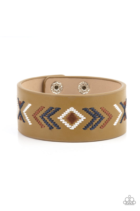 CLIFF GLYPHS - MULTI STITCHED TRIBAL DESIGN LEATHER WRAP BRACELET