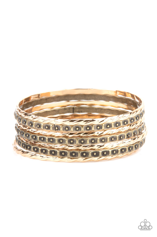 BACK-TO-BACK STACKS - MULTI BRASS MIXED WITH GOLD BANGLE BRACELETS