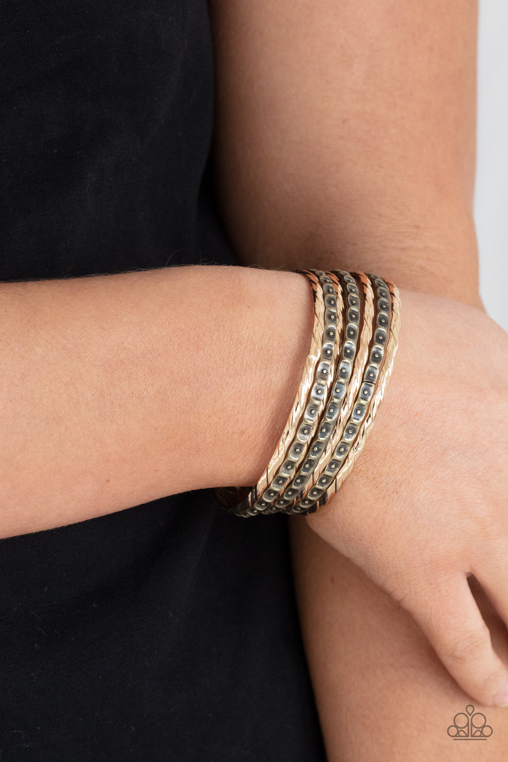 BACK-TO-BACK STACKS - MULTI BRASS MIXED WITH GOLD BANGLE BRACELETS