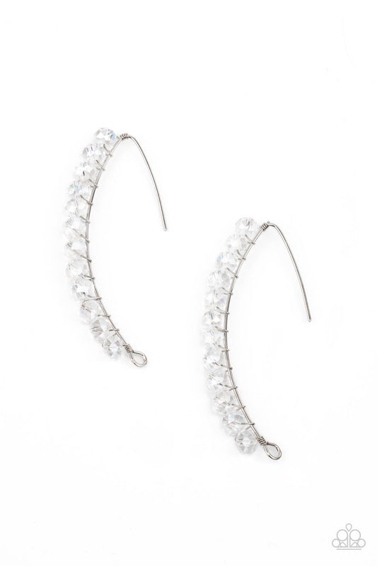GLOW HANGING FRUIT - WHITE CLEAR IRIDESCENT RHINESTONES LONG WIRE EARRINGS