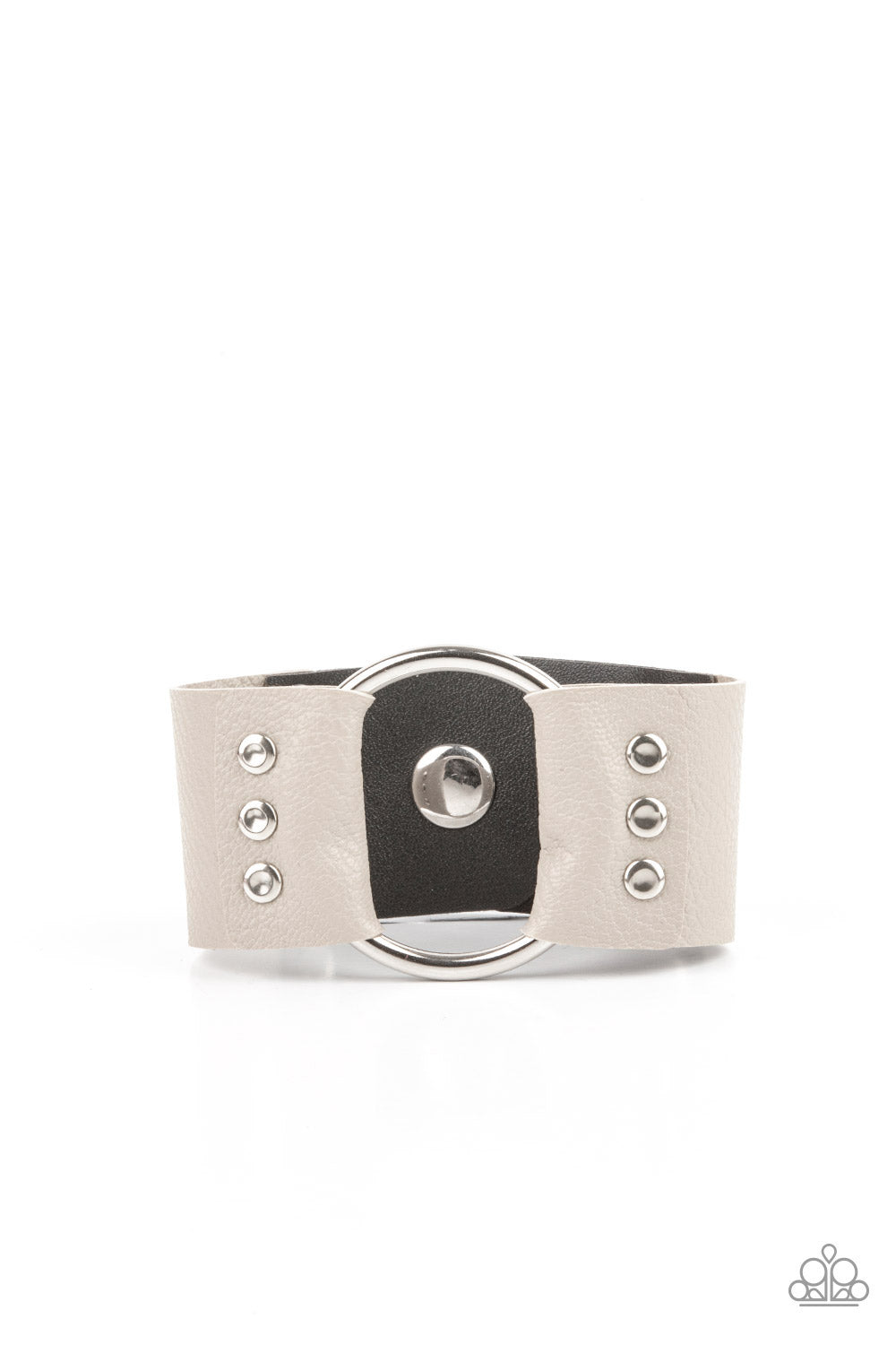 MOTO MAYHEM - SILVER GRAY LEATHER CIRCLE SNAP WRAP BRACELET