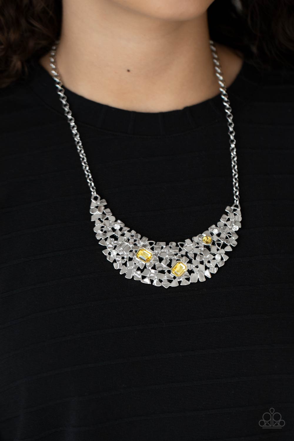 FABULOUSLY FRAGMENTED - YELLOW CANARY DIAMOND RHINESTONES CRESCENT NECKLACE