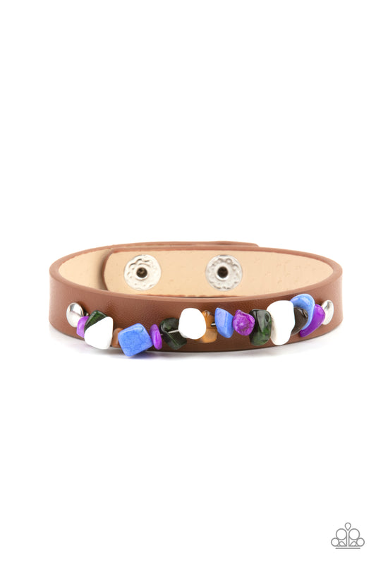 PEBBLE PARADISE - MULTI WHITE BLUE PURPLE ROCKS BROWN LEATHER WRAP BRACELET