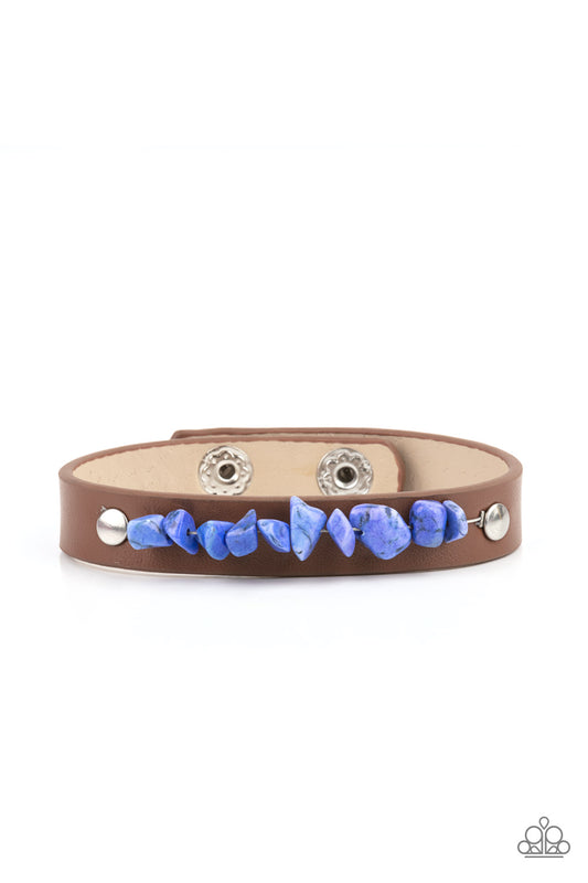 PEBBLE PARADISE - BLUE ROCKS PEBBLES BROWN LEATHER WRAP BRACELET