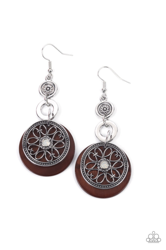 ROYAL MARINA - BROWN ACRYLIC DISC OVERLAYED SILVER FLOWER CUTOUT OPALESCENT RHINESTONE PENDANT EARRINGS