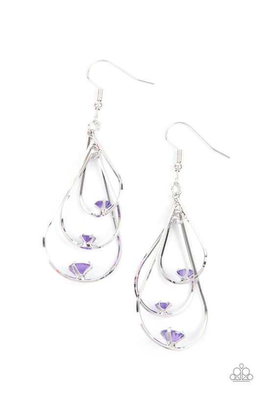 DROP DOWN DAZZLE - PURPLE TANZANITE RHINESTONE 3 TEARDROP EARRINGS