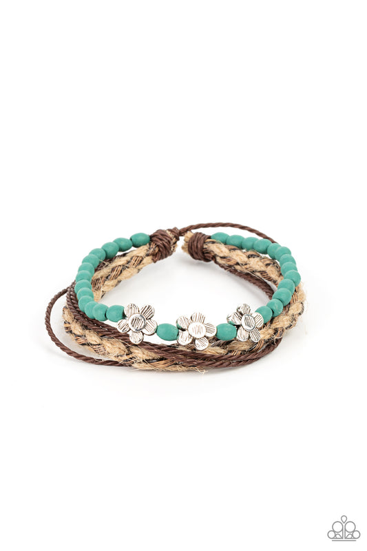 RAFFIA REMIX - BLUE BRAIDED URBAN SILVER FLOWERS URBAN BRACELET