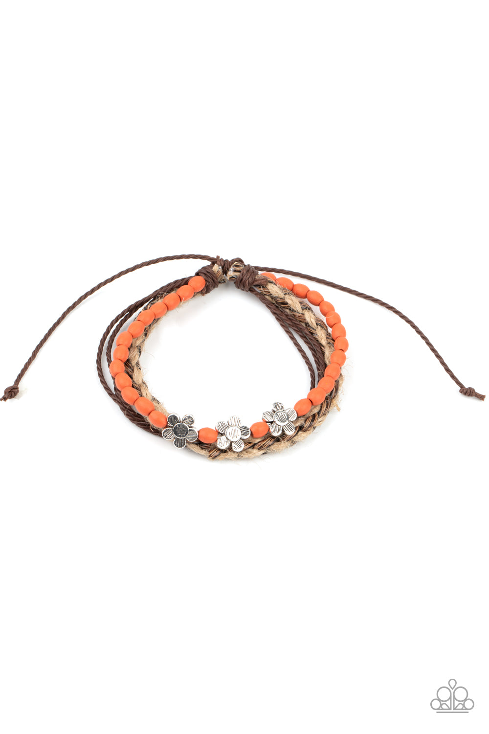 RAFFIA REMIX - ORANGE DRAW STRING BRACELET WITH SILVER FLOWERS