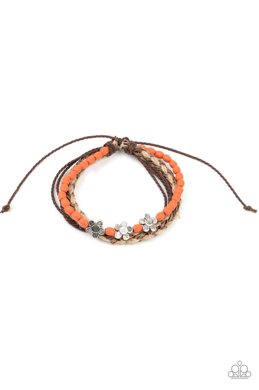RAFFIA REMIX - ORANGE DRAW STRING BRACELET WITH SILVER FLOWERS