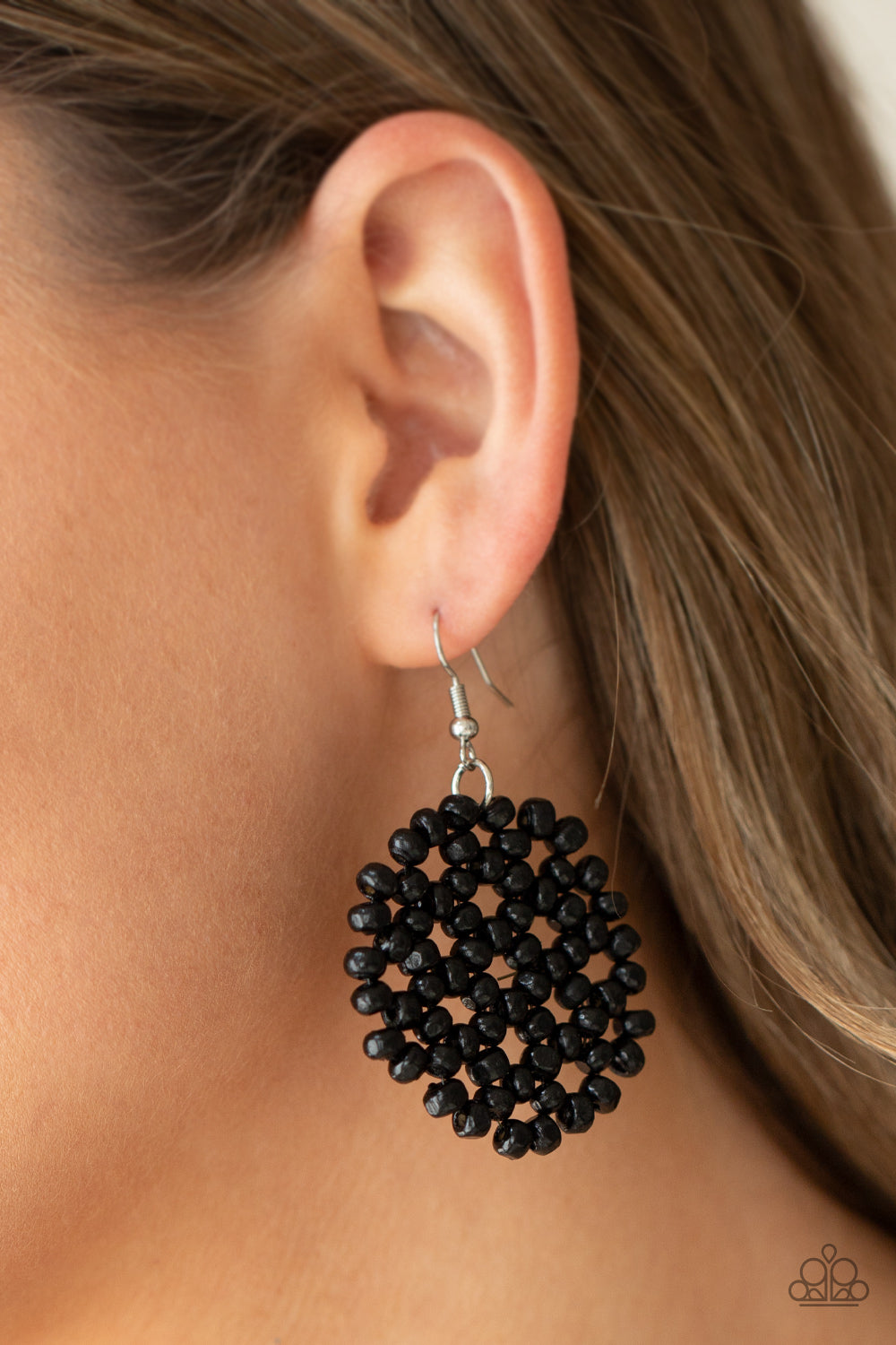 SUMMER ESCAPADE - BLACK SEED BEAD DISCS WOODEN EARRINGS