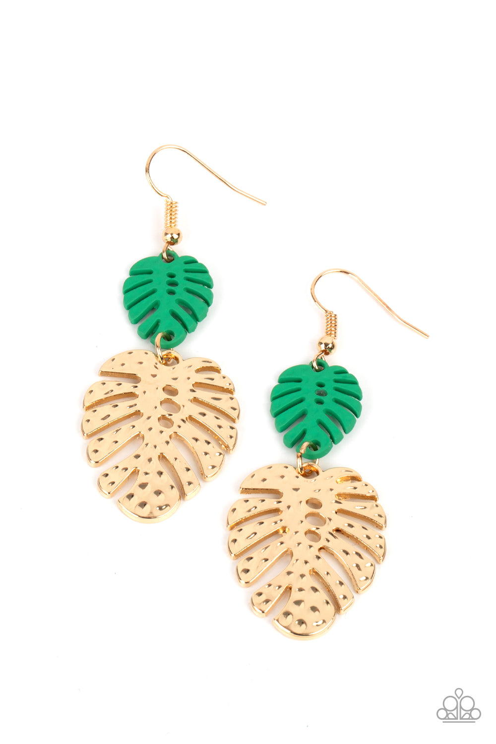 PALM TREE CABANA - GREEN GOLD LEAVES PHILODENDRON TROPICAL PLANT EARRINGS