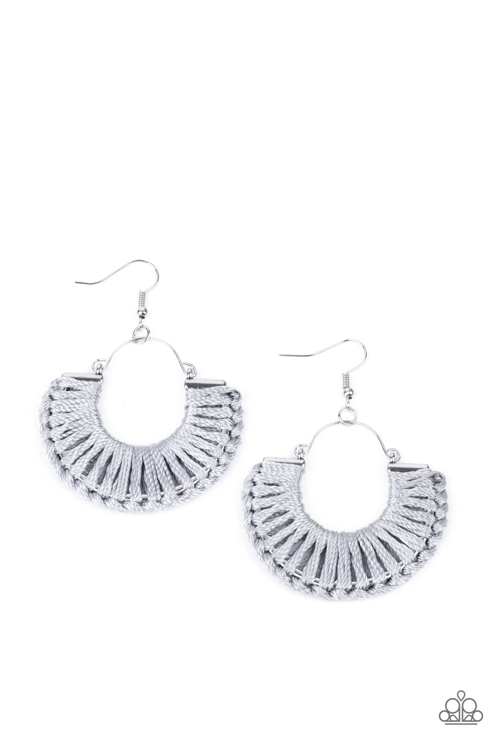 THREADBARE BEAUTY - SILVER GRAY THREAD WRAPPED HALF CIRCLE HOOP EARRINGS