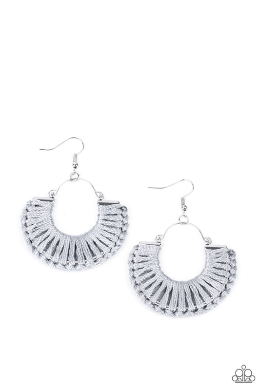 THREADBARE BEAUTY - SILVER GRAY THREAD WRAPPED HALF CIRCLE HOOP EARRINGS