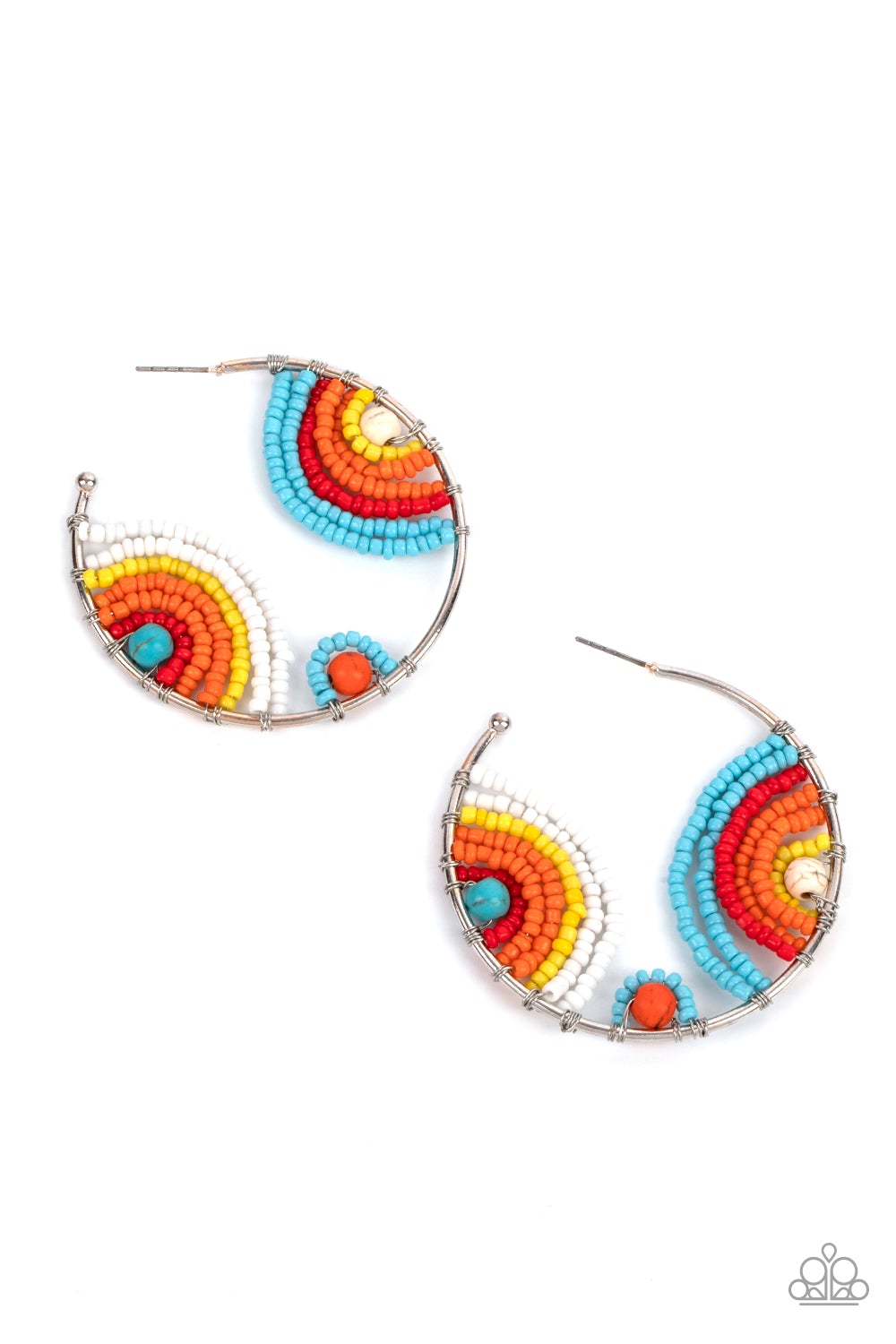 RAINBOW HORIZONS - MULTI SEEDBEAD BLUE RED ORANGE YELLOW WHITE LIFE OF THE PARTY HOOP EARRINGS