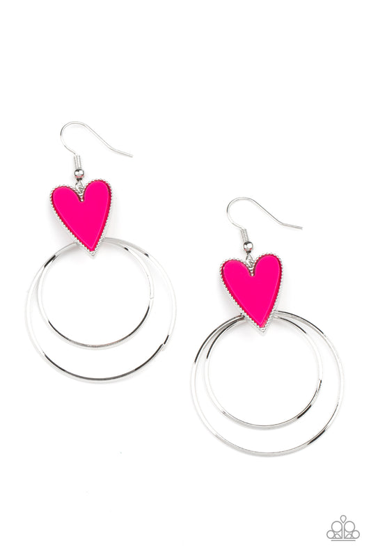 HAPPILY EVER HEARTS - PINK HOT PINK ENAMEL HEART DOUBLE SILVER HOOP EARRINGS