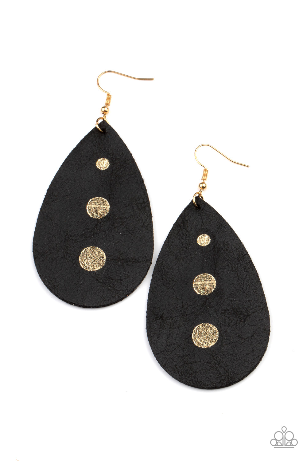 RUSTIC TORRENT - BLACK LEATHER SUEDE TEARDROP 3 GOLD DOTS EARRINGS