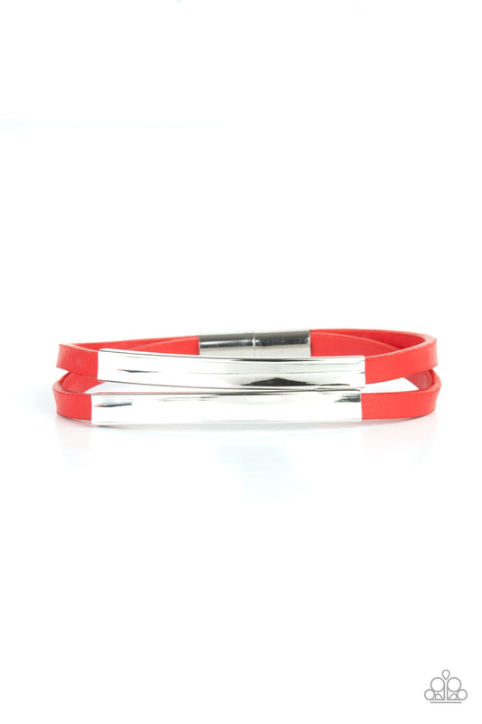 DANGEROUSLY DIVINE - RED LEATHER SILVER BARS MAGNETIC BRACELET