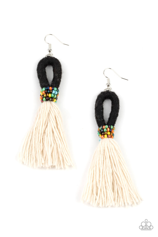 THE DUSTUP - BLACK THREAD LOOP WHITE FRINGE OIL SPILL IRIDESCENT SEEDBEAD EARRINGS