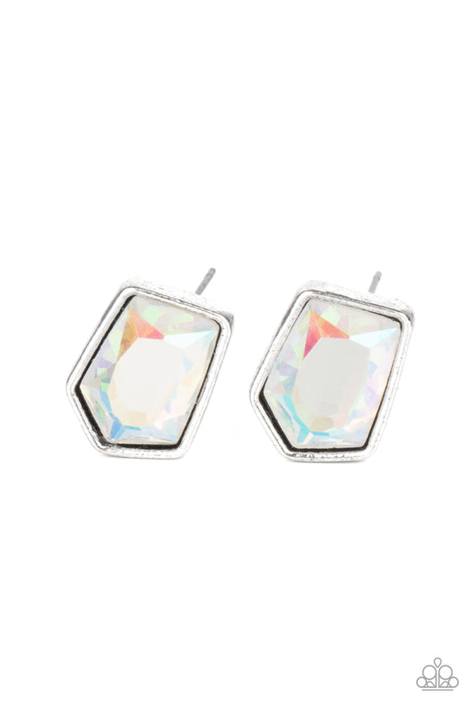 INDULGE ME - MULTI IRIDESCENT OIL SPILL GEOMETRIC ASYMETRICAL POST EARRINGS