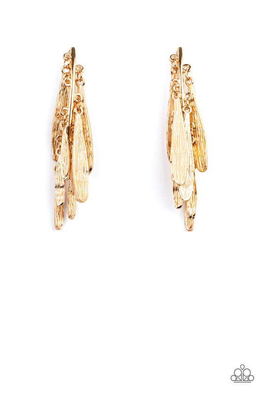 PURSUING THE PLUMES - GOLD TEXTURED TABS WINGS HOOP EARRINGS