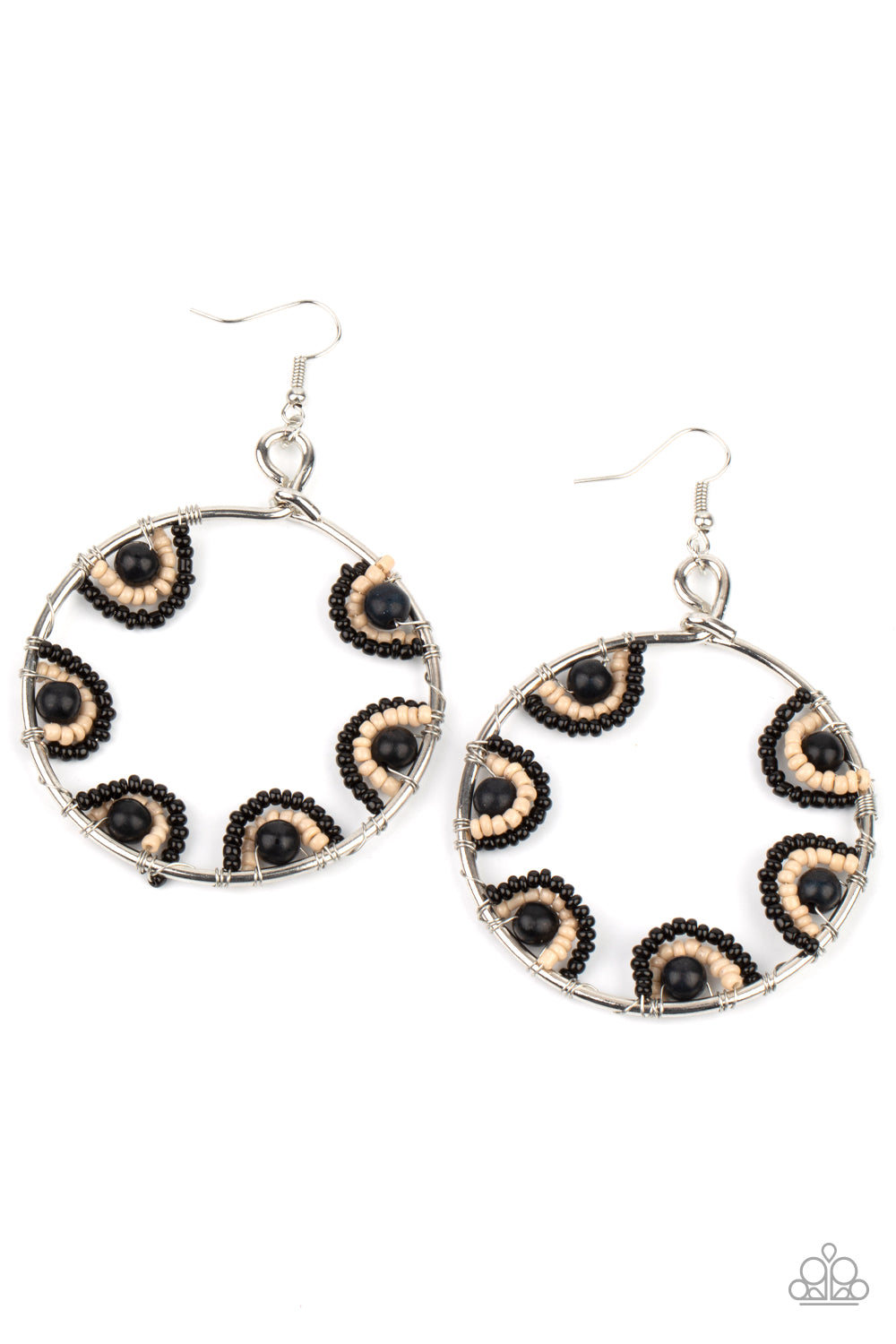 OFF THE RIM - BLACK AND BROWN SEED BEAD SILVER CIRCLE HOOP EARRINGS