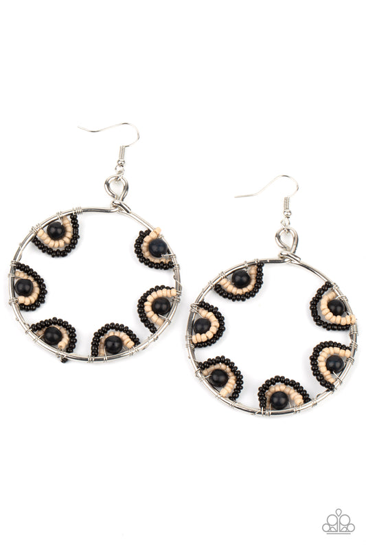 OFF THE RIM - BLACK AND BROWN SEED BEAD SILVER CIRCLE HOOP EARRINGS
