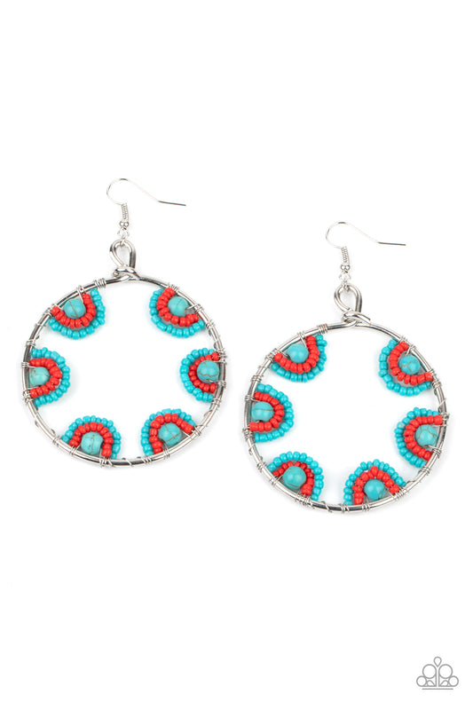 OFF THE RIM - BLUE RED SEED BEAD SILVER CIRCLE HOOP EARRINGS