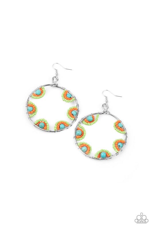 OFF THE RIM - MULTI GREEN ORANGE BLUE SEED BEAD SILVER CIRCLE HOOP EARRINGS