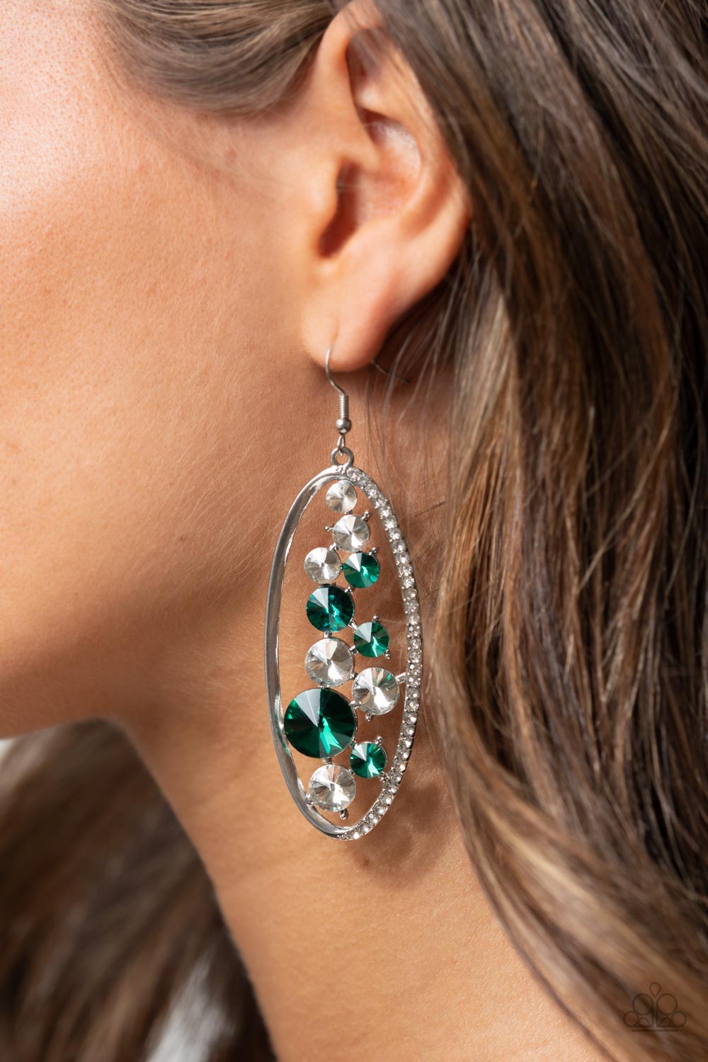 ROCK CANDY BUBBLY - GREEN RIVOLI CUT EMERALD AND DIAMOND RHINESTONES EARRINGS