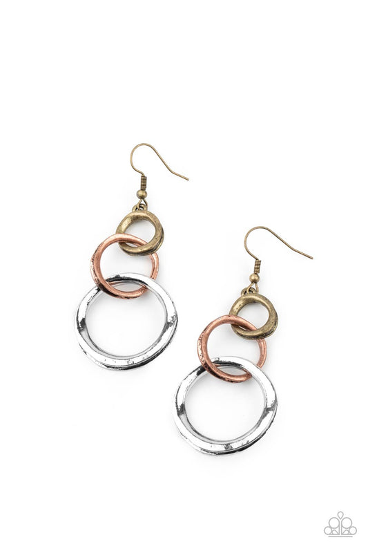 HARMONIOUSLY HANDCRAFTED - MULTI SILVER COPPER BRASS TRIPLE CIRCLE EARRINGS