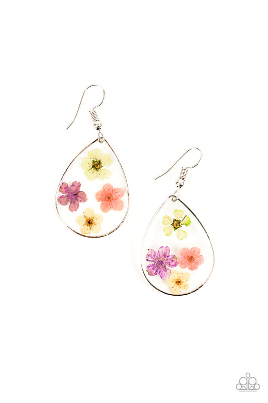 PERENNIAL PRAIRIE - MULTI PINK YELLOW PURPLE PRESSED FLOWER TEARDROP RESIN ACRYLIC EARRINGS