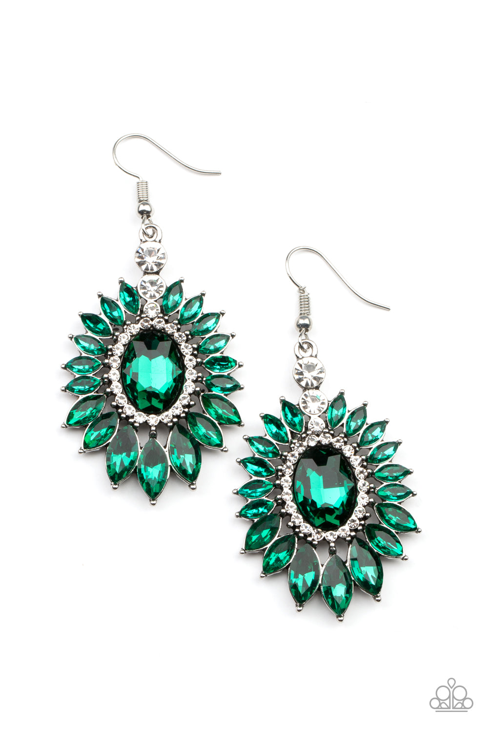 BIG TIME TWINKLE - GREEN EMERALD RHINESTONES PENDANT EARRINGS