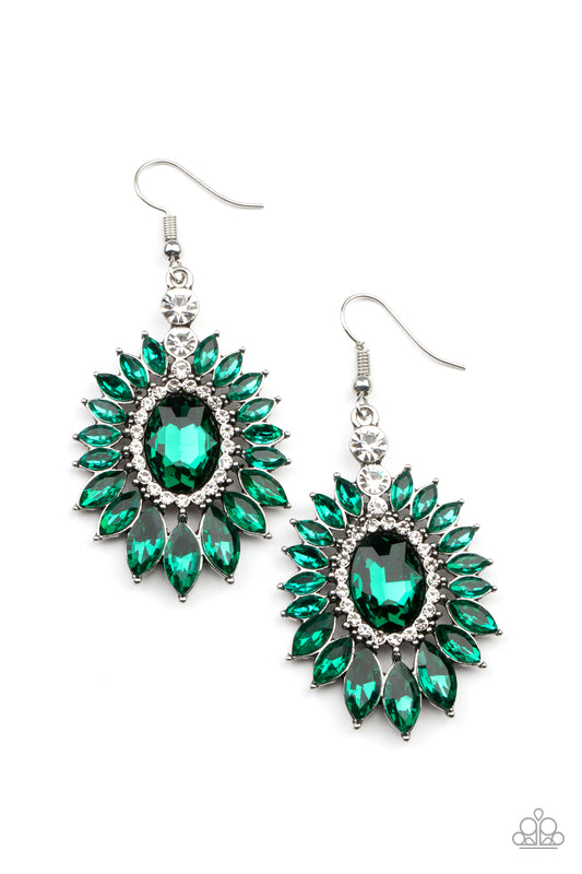 BIG TIME TWINKLE - GREEN EMERALD RHINESTONES PENDANT EARRINGS
