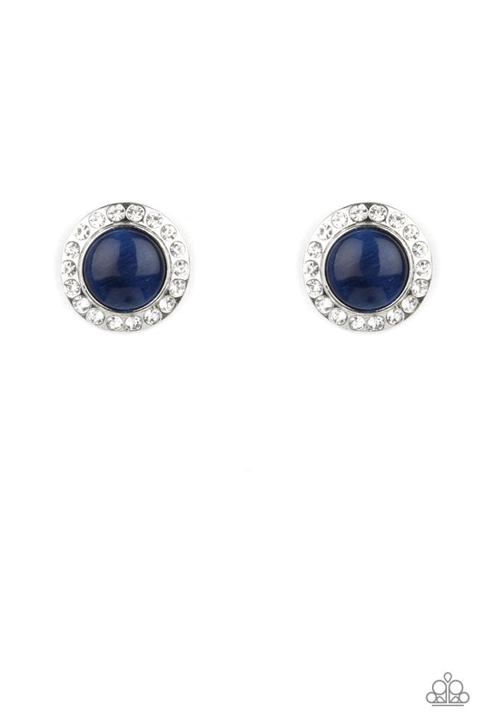 GLOWING DAZZLE - BLUE MOONSTONE CLEAR RHINESTONES CABOCHON STYLE POST EARRINGS