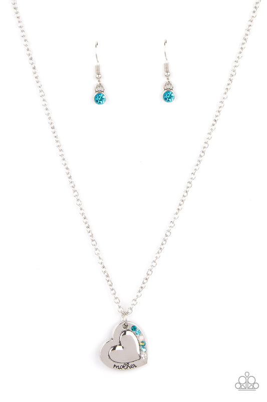 HAPPILY HEARTWARMING - BLUE IRIDESCENT OIL SPILL RHINESTONES SILVER HEART MOTHER NECKLACE