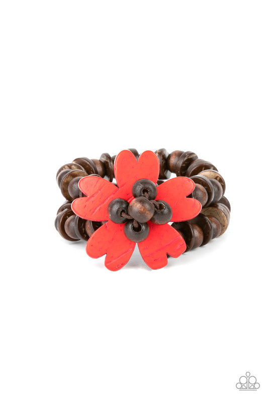 TROPICAL FLAVOR - RED FLOWER BROWN WOODEN STRETCH BRACELET