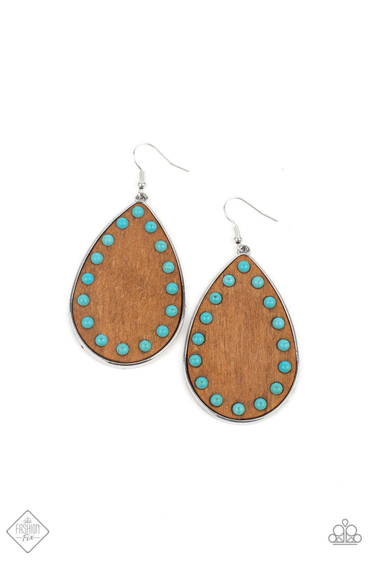 RUSTIC REFUGE - BLUE TURQUOISE WOODEN TEARDROP PENDANT FASHION FIX EARRINGS
