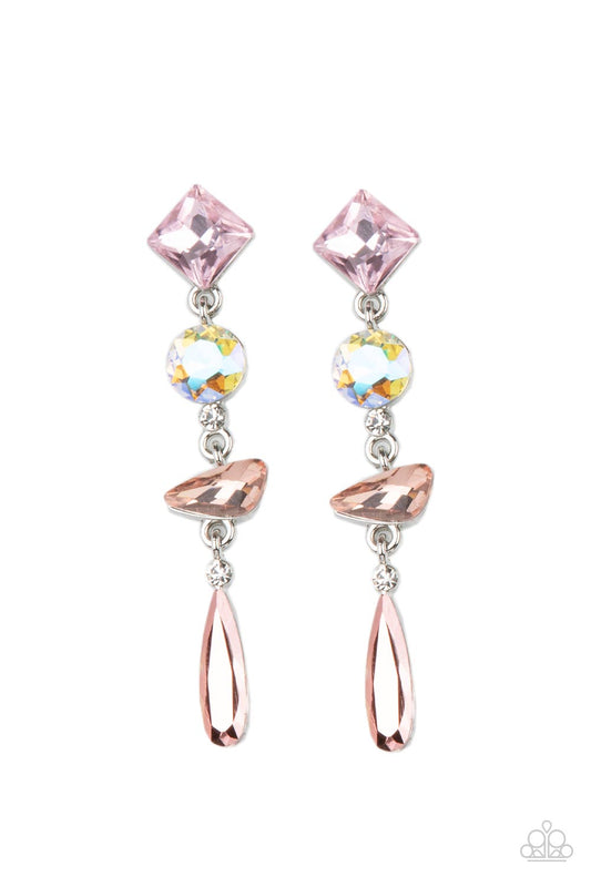 ROCK CANDY ELEGANCE - PINK OIL SPILL IRIDESCENT PINK YELLOW PEACH RHINESTONES EARRINGS